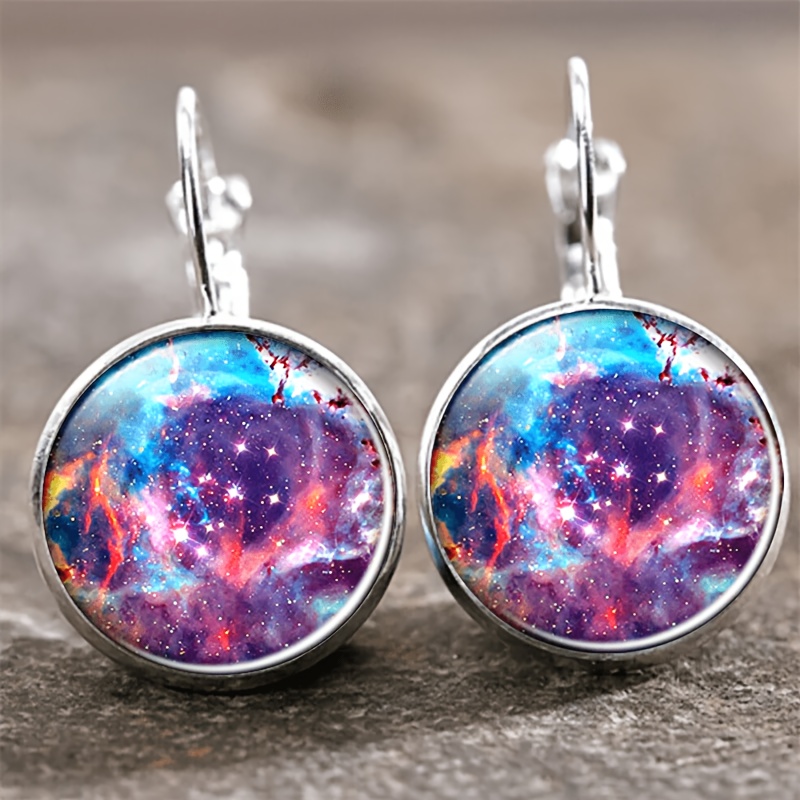 2pcs Round Glass Inlaid Base Earrings, Cosmic Nebula Design